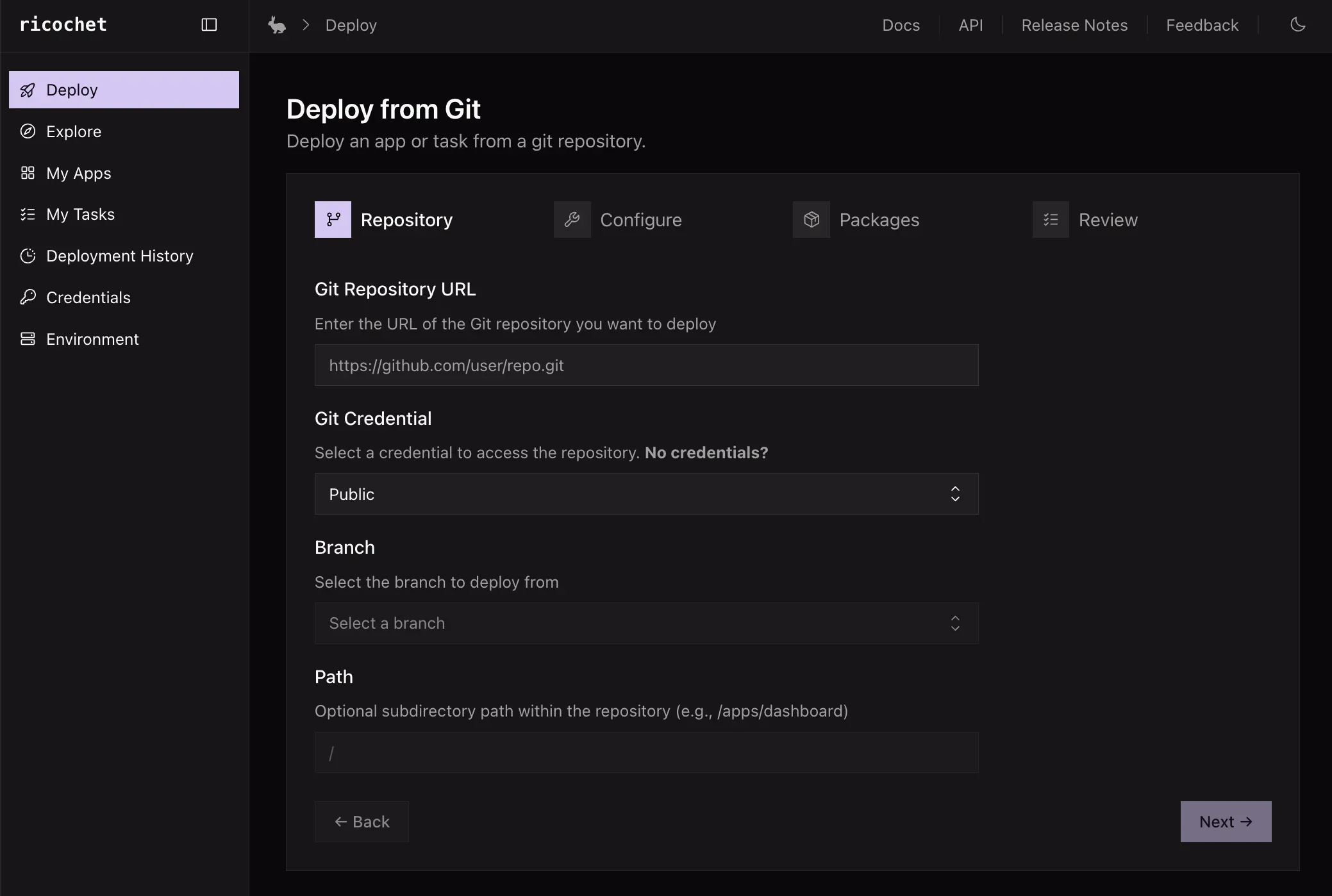 The ricochet deploy-from-Git wizard, showing the repository step with fields for the Git repository URL, credential, branch, and an optional subdirectory path.